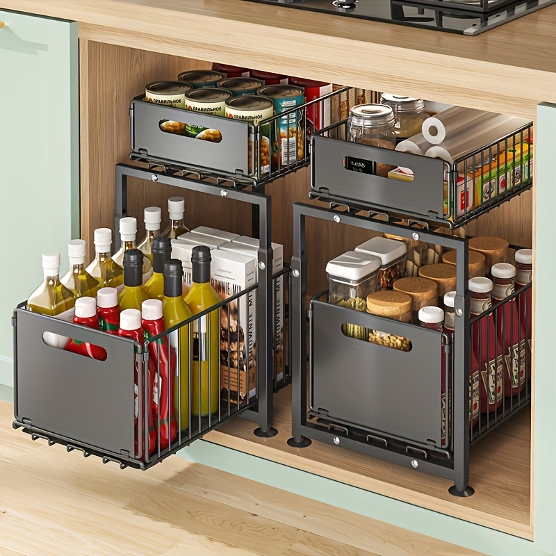 Organisateur Sous Évier à 2 Niveaux Robuste - Tiroir Coulissant en Acier au Carbone de Hauteur Réglable, Étagère d'Armoire en Acier Poli Facile à Installer pour Cuisine Salle de Bain Garde-Manger Placard, Ustensiles de Cuisine Modernes, Finition Métallique, Construction Solide, Étagères
