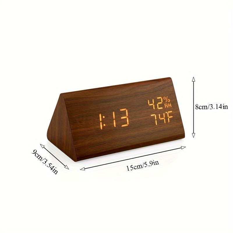 Wooden Triangular Bedroom Alarm Clock with Temperature and Humidity Display, Three Alarm Settings, and Adjustable Brightness, Suitable for Bedrooms, Study, Office, Bedside Table