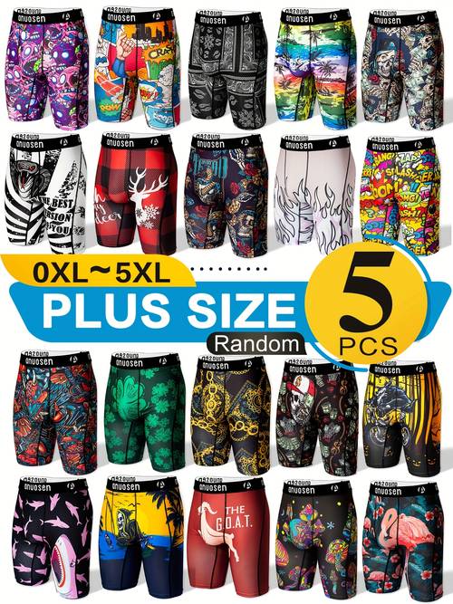 5pcs plus size mens athletic boxer briefs moisture wicking breathable comfortable 3xl 5xl assorted designs plants letters cartoons stripes animals perfect valentines gift for him ideal for running workouts plus size