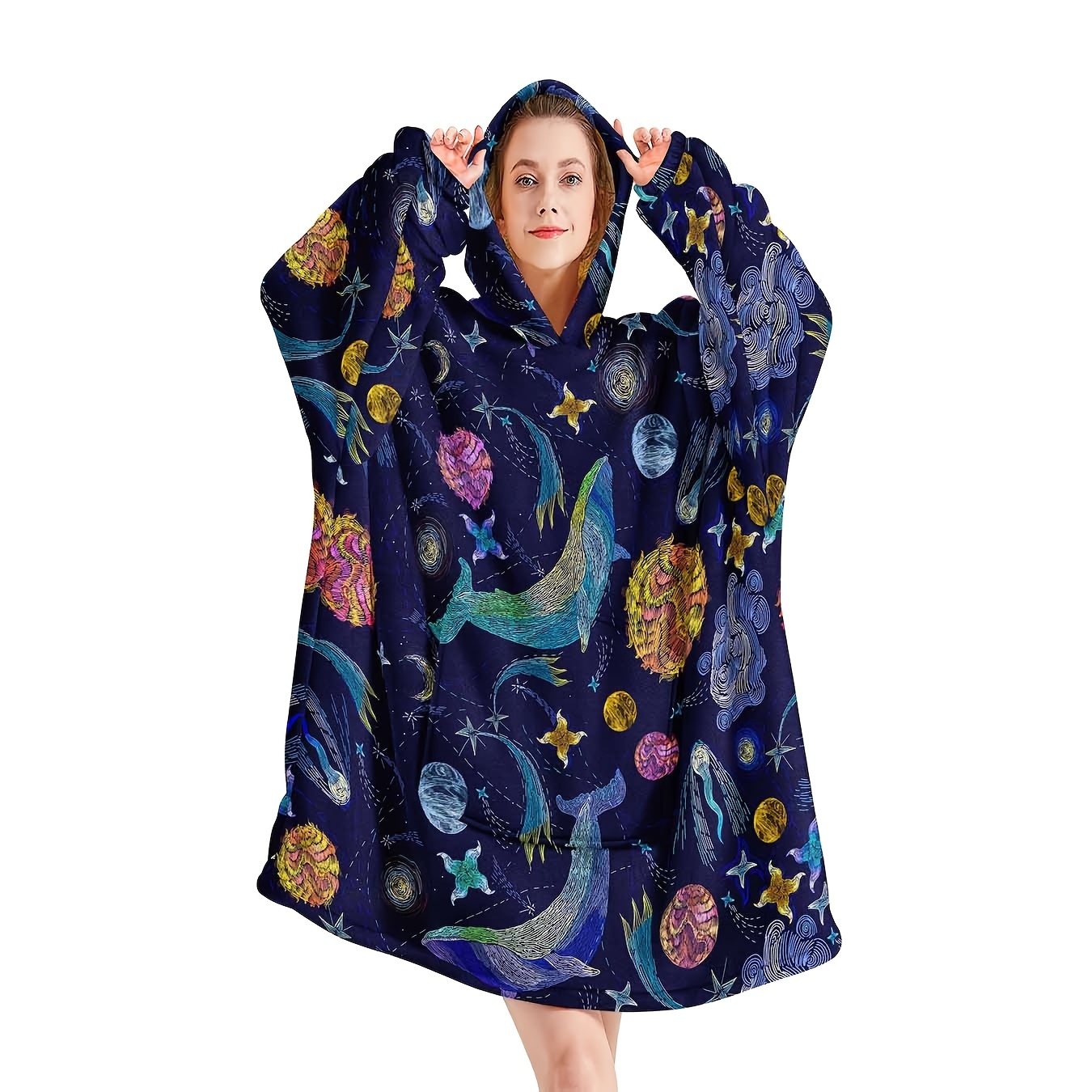 

Cozy Ocean-themed Wearable Blanket For Women - Hooded, With Large Pocket - Perfect Gift For Girlfriend Or Mom