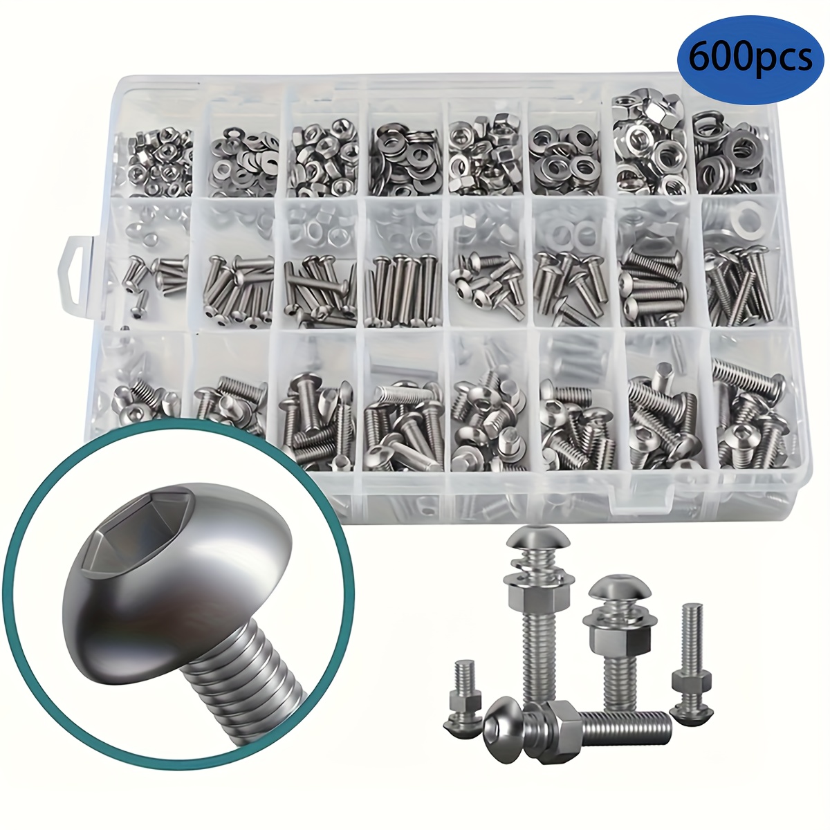 Image of 600pcsm3 M4 M5 M6 Stainless Steel Hexagon Socket Bolts, Nuts, Washers Combination Set, Hexagon Socket Round Head Screws, Diy Tool Screw Nut Tool Kit