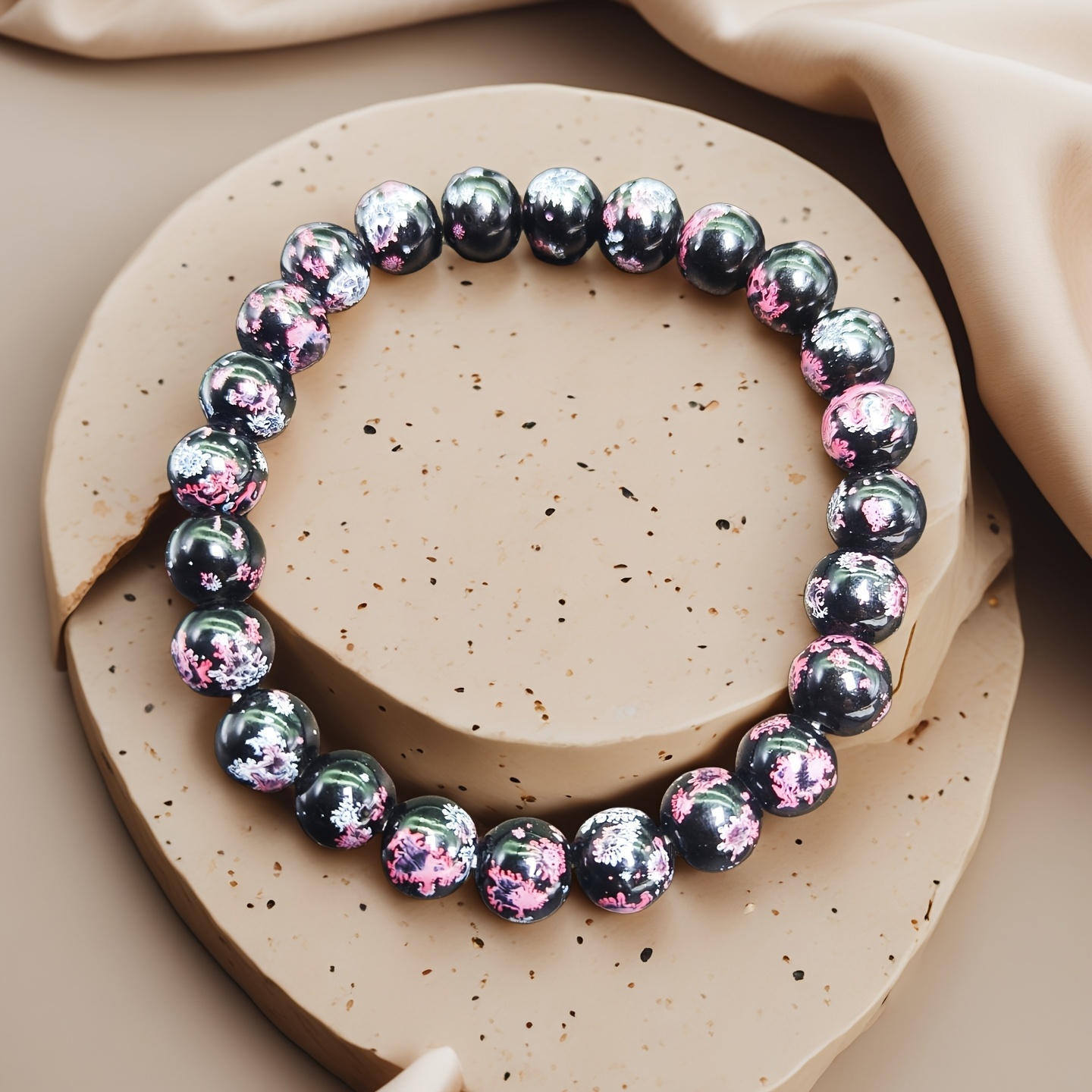 1pc/2pcs 8mm Black Pink Round Bead Stretch Bracelet Western Style Colorful Printed Bead Bracelet Unisex Gift