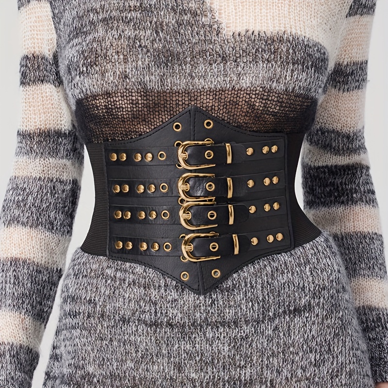 womens black gothic double wide waist belt elastic - Temu display picture 1