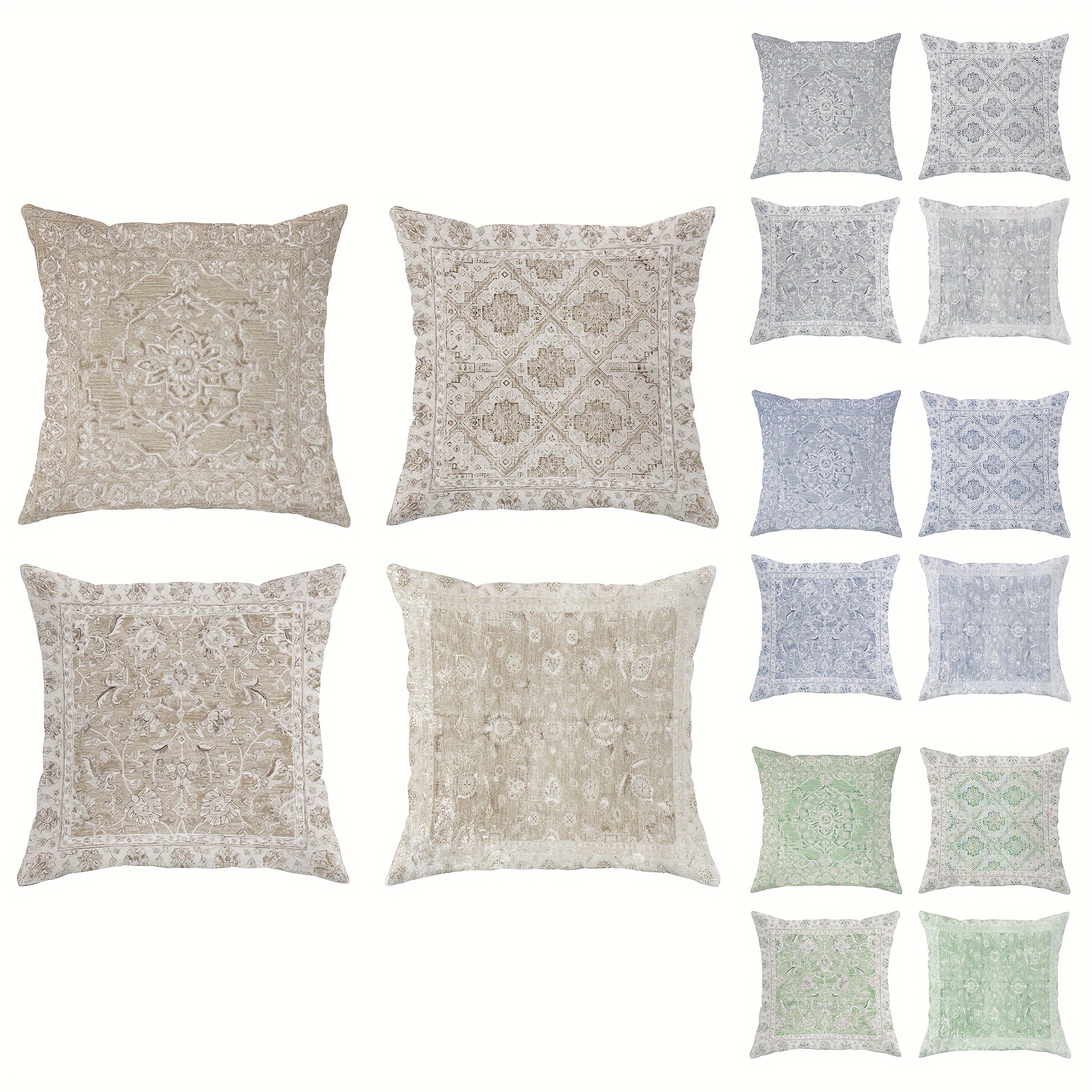 

4-piece Set Vintage Bohemian Velvet Throw Pillow Covers - Light Green, Gray & Blue, 18x18 Inch - Perfect For Living Room & Bedroom Decor