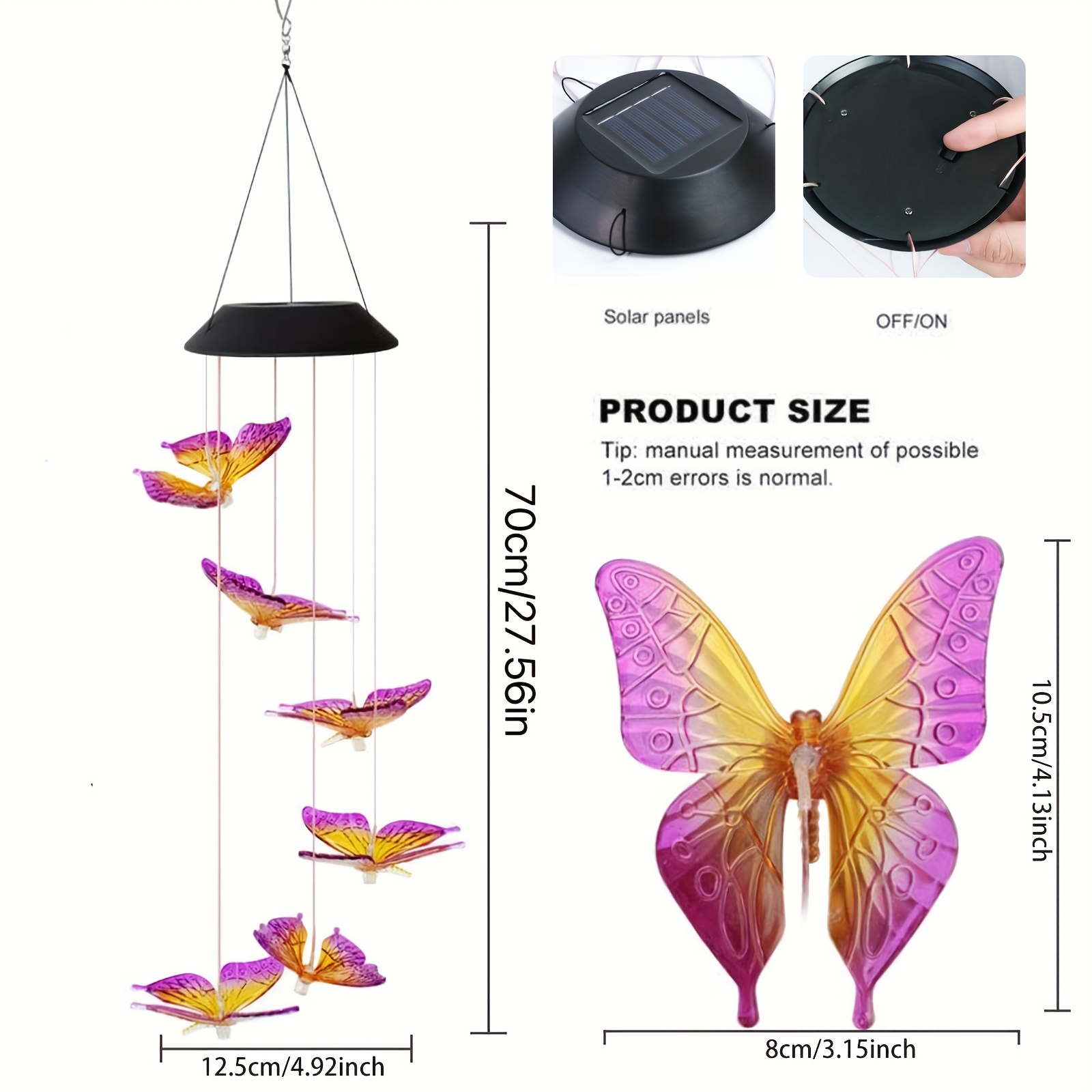 Luces de carrillón de viento con energía solar con diseños de mariposas moradas y amarillas, que incluyen iluminación LED exterior que cambia de color para fines decorativos de paisajismo. Estas lámparas solares de jardín y luces colgantes son regalos perfectos para madres y esposas.