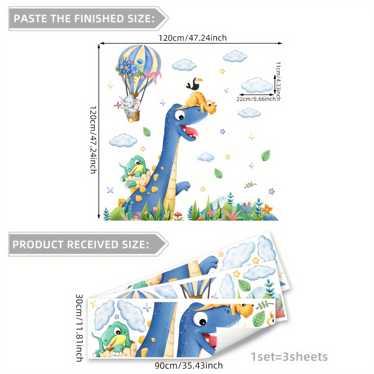 Image of A Set Of Hand-painted Stickers Featuring Dinosaurs, Hot Air Balloons And Elephants, For Beautifying And Decorating The Background Walls Of Rooms And Bedrooms