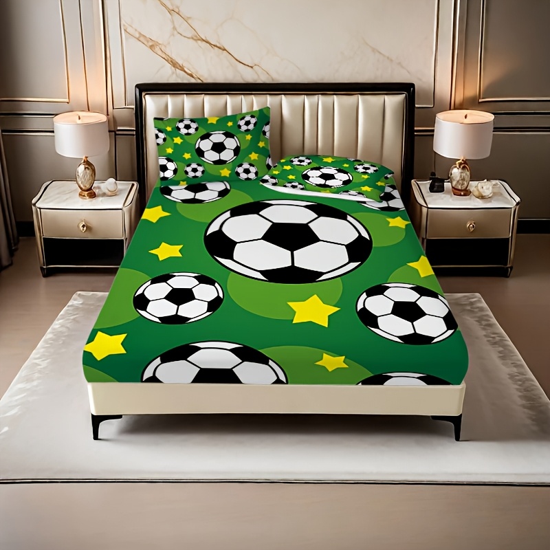 TEMU Juego de 3 Sábanas Ajustables con Estampado de Estrella de Fútbol, Sábana Ajustable Verde Estampada, y Cómoda, Transpirable y Amigable con la