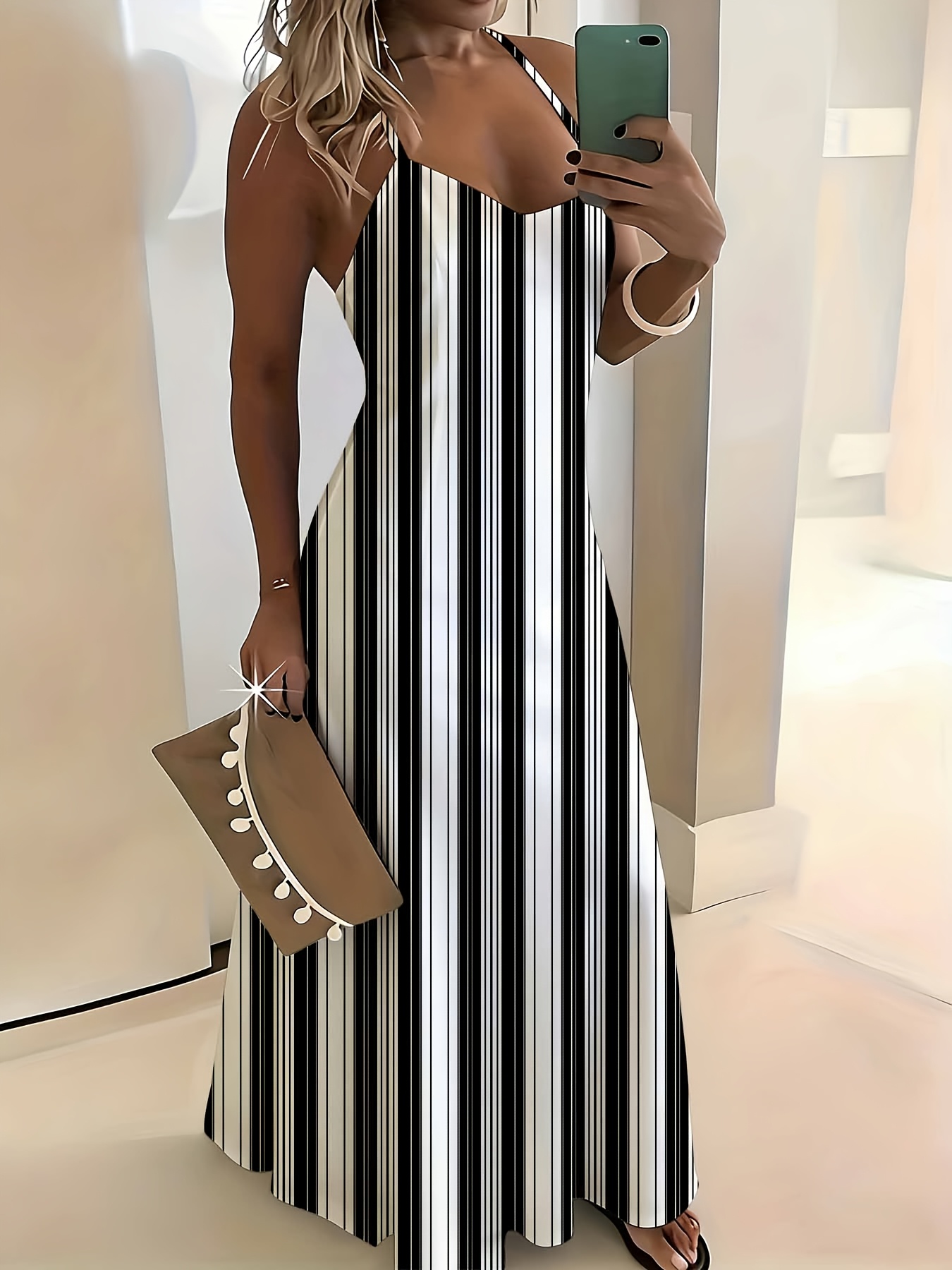 black and white striped long dress Women's Loose Fitting Black and White Striped Maxi Dress