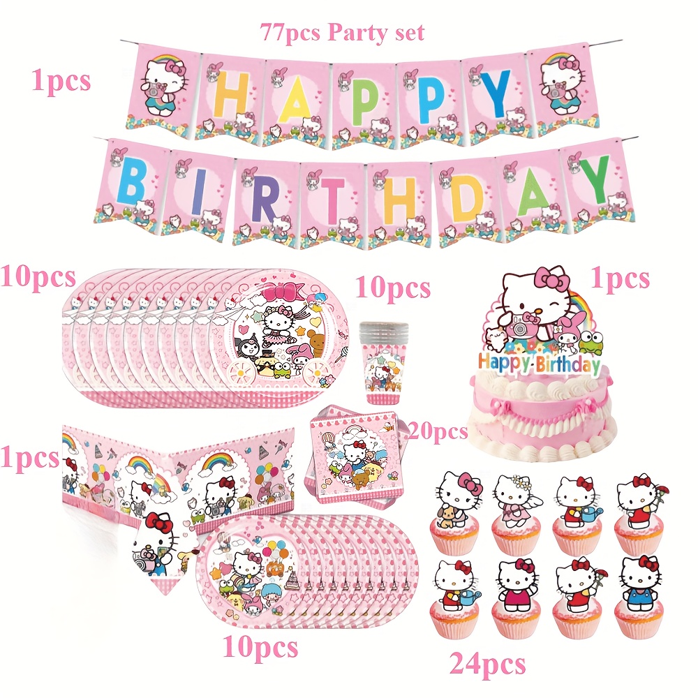 Image of 77pcs Kt Cat Theme Birthday Party Decoration Flag Pulling Cake Insertion Disposable Tableware Paper Plate Tissue Paper Cup Tablecloth Scene Decoration Supplies I Perfect For Halloween