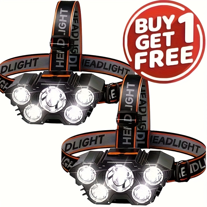 TEMU 2-pack (buy 1 Get 1 Free) 5 Led Usb Rechargeable Headlamps. With 4 Brightness , This Bright Head Torch Is Suitable For Fishing, Camping, Work,