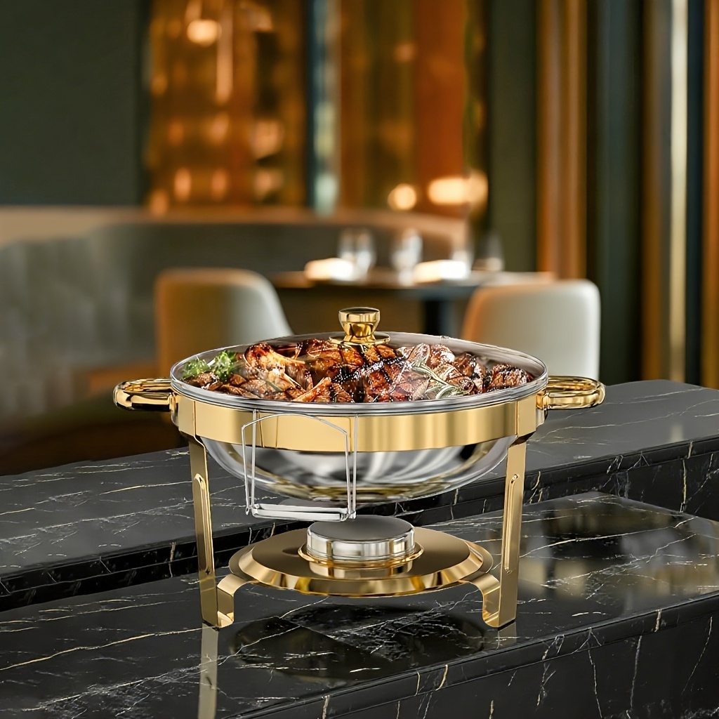 Image of New High-end Stainless Steel Buffet Heat Preservation Pot, 5qt [95% Pre-assembled] Buffet Round Hot Pot, With Transparent Glass Lid And Lid Rack For Cooking Food Warmer/chafing Dish