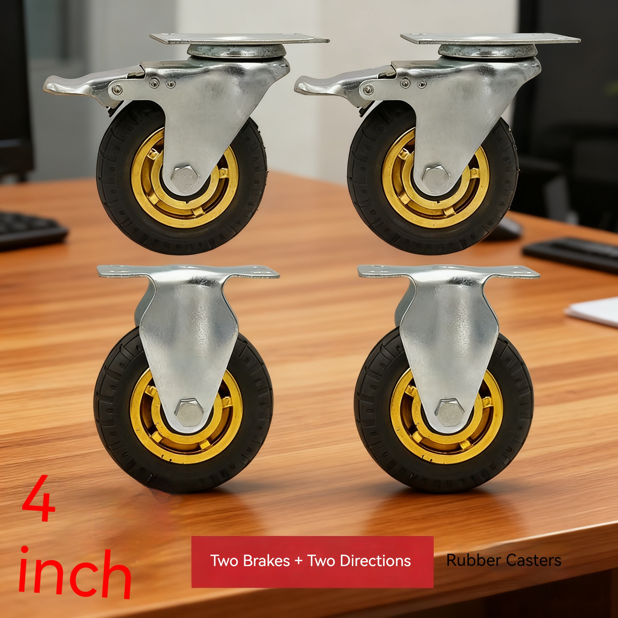 TEMU A Set Of 4 Industrial-grade 4-inch Casters, Includes 4 Solid Rubber Wheels, Designed For Industrial Use, Featuring Double Ball Bearings And