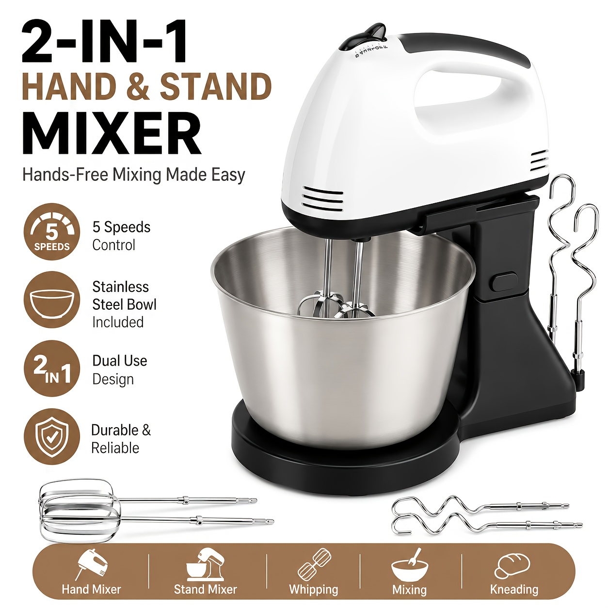 1pc 5-speed Electric Egg Beater, 1pc And 2pcs And 2pcs Dough Hooks And Mixing Bowl, Ergonomic Handle, Multi-functional Handheld And Desktop Mixer, Suitable For Home Baking