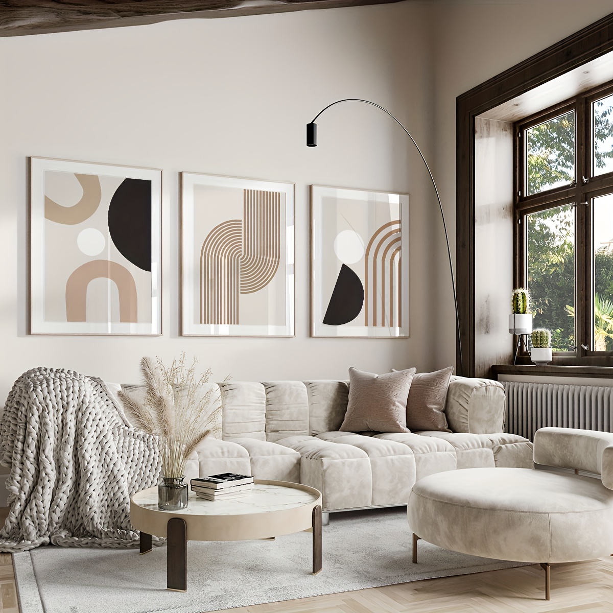 Boho Wandkunst-Set – 3 Gerahmte Bilder Je 40x60 Cm, Abstrakte Linien & Sonnen, Mid-Century Stil, Neutral