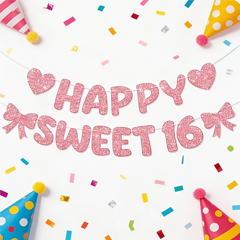 Rose Golden Glitter Heart And Bow " 16" Birthday Banner For 16th Birthday Party Decorations