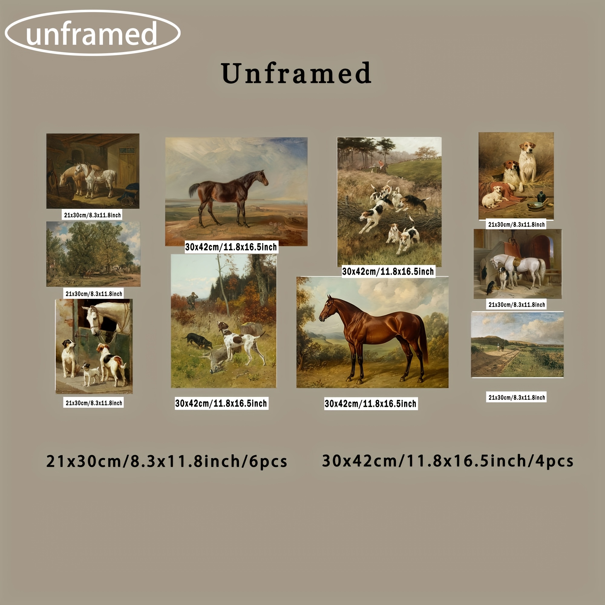 E-shop 2D Flach, 2D Flach, 10er Set ungerahmte Drucke im Vintage-Stil für eine Galerie-Wand im Landhausstil. Inklusive Landschaften, Porträts und