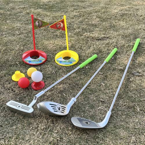 a outdoor golf toy set that three retractable golf clubs three balls two targets and two golf ball stands providing a fun indoor and outdoor golf game