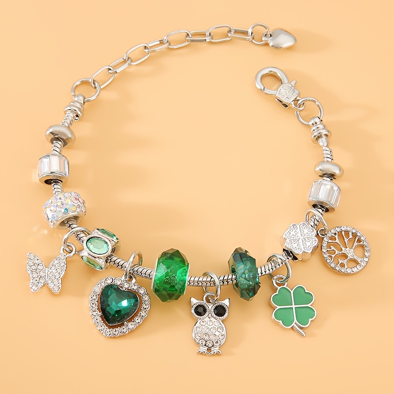 TEMU 1pc Of Stainless Steel Jewelry With Green Heart, , Owl, Clover, Life Tree And Other Pendant Bracelets, Suitable For Women - A Fashionable