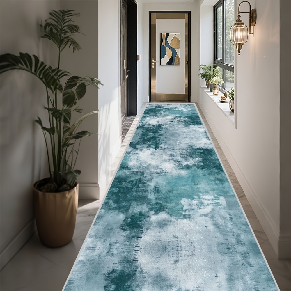 TEMU 1pc Abstract Blue & Teal Abstract Runner Mat - Non-slip, Machine Washable Polyester Floor Mat For Indoor/outdoor Use - Ideal For , Kitchens,