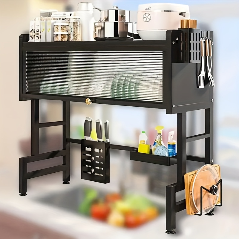TEMU 1pc Modern Over Sink Dish Drying Rack With Cover, Multi-functional Metal And Carbon Steel Kitchen Organizer For Dishes, Glasses, Bowls, And