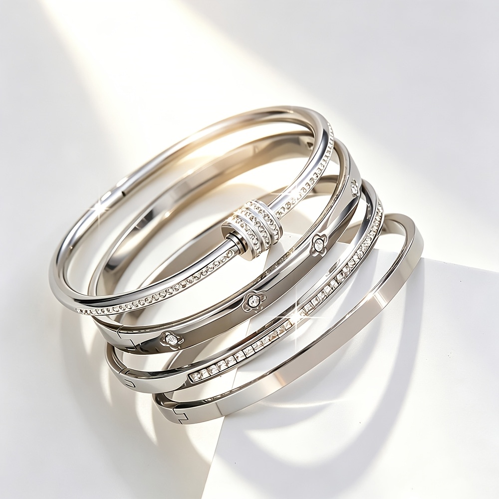 3pcs Random Stainless Steel Bangle Set with Zirconia Inlays