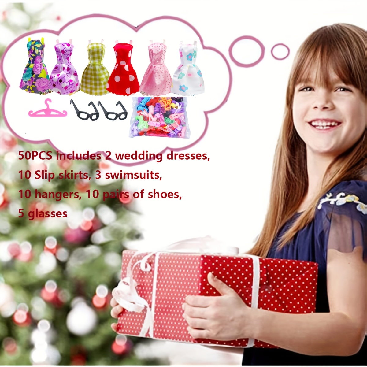 Image of 50pcs Doll Clothes And Accessories Kit, Suitable For 11.5-inch Doll , Includes 2 Wedding Gowns, 10 Camisole Dresses, 3 Swimsuits, 10 Hangers, 10 Pairs Of Shoes, 5 Pairs Of Glasses