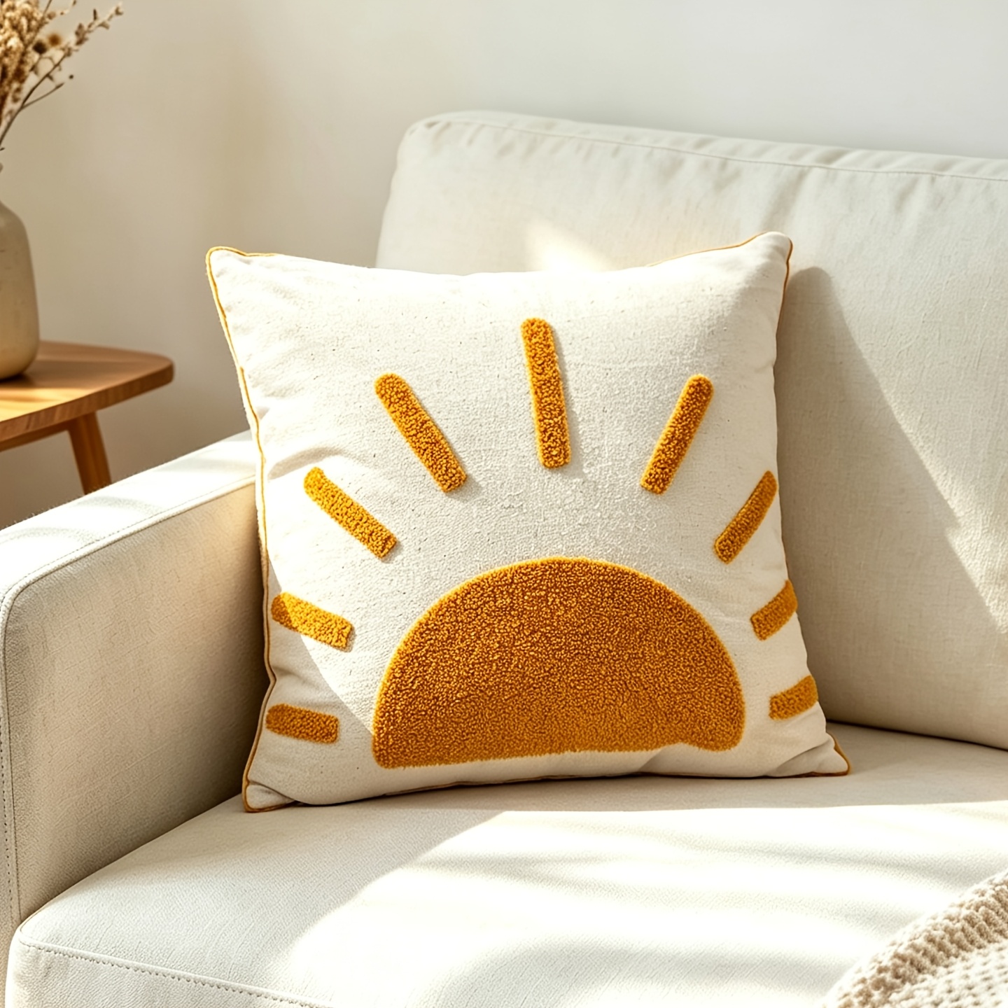 Image of 1pc Cotton Canvas Yelllow Sun Cushion Cover Without Filler, Modern Decorative Throw Pillowcase For Sofa Living Room, Home Decor Room Decor