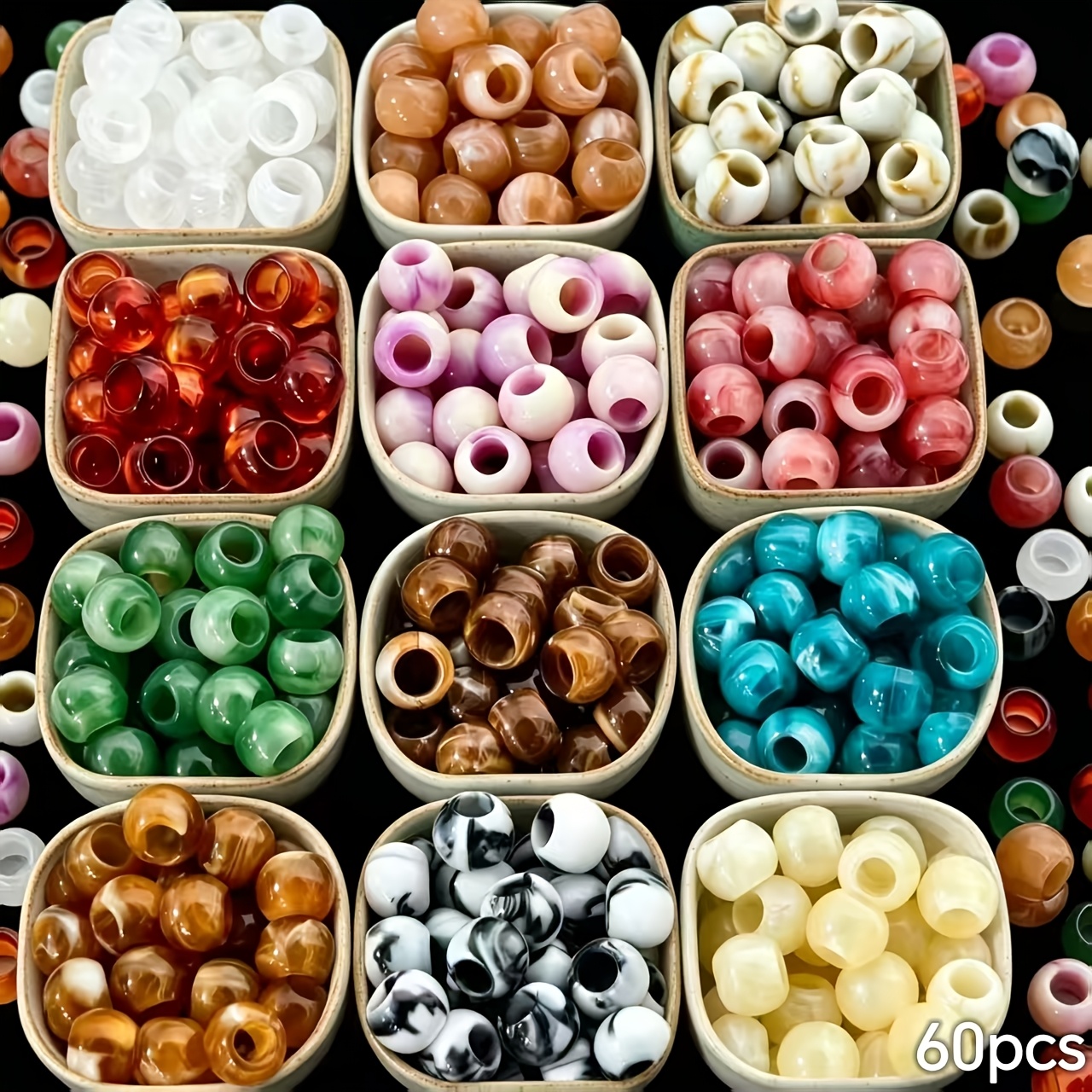 TEMU 60pcs (60pcs) Large Hole Beads Suitable For Women's Jewelry Making, Retro Bohemian Acrylic Beads With Pre-drilled Holes For Bracelets, Bangles,