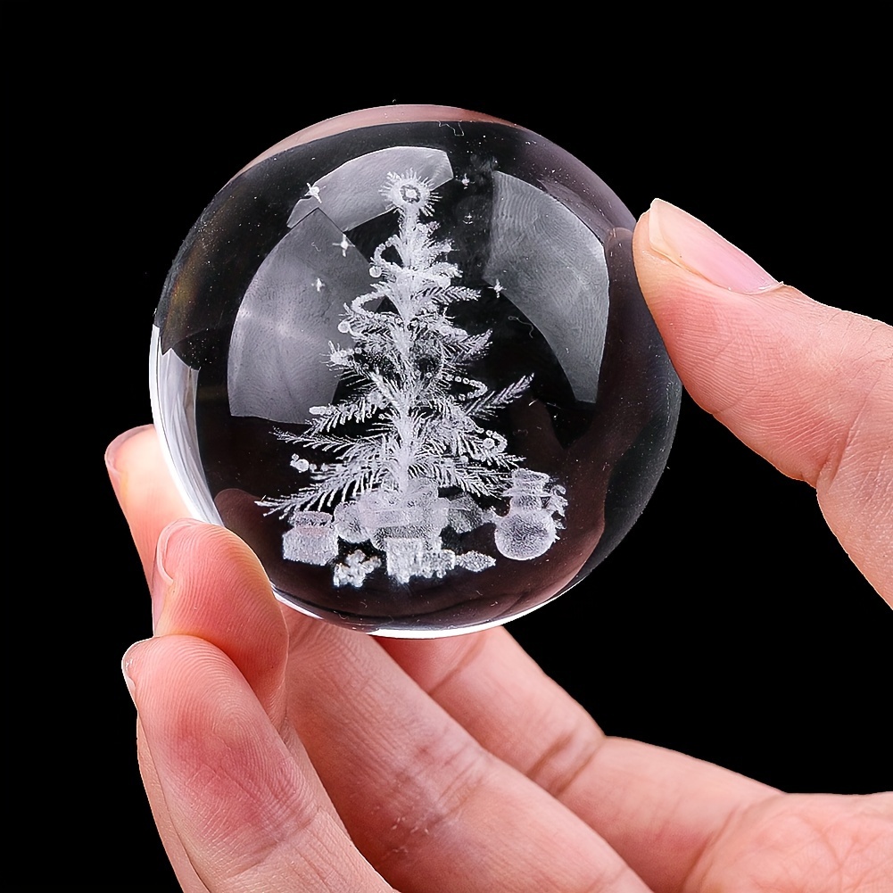 Image of Art Deco Christmas Tree Engraved Crystal Glass Ball - 50mm Decorative Sphere For Tabletop Display, 3d Laser Ornament, No Electricity Needed