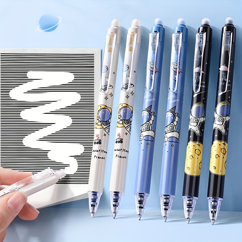 

6-pack Astronaut Cartoon Themed Erasable Ballpoint Pens, 0.5mm Fine Point, Retractable Plastic Multifunction Pens With Black Ink For School And Office