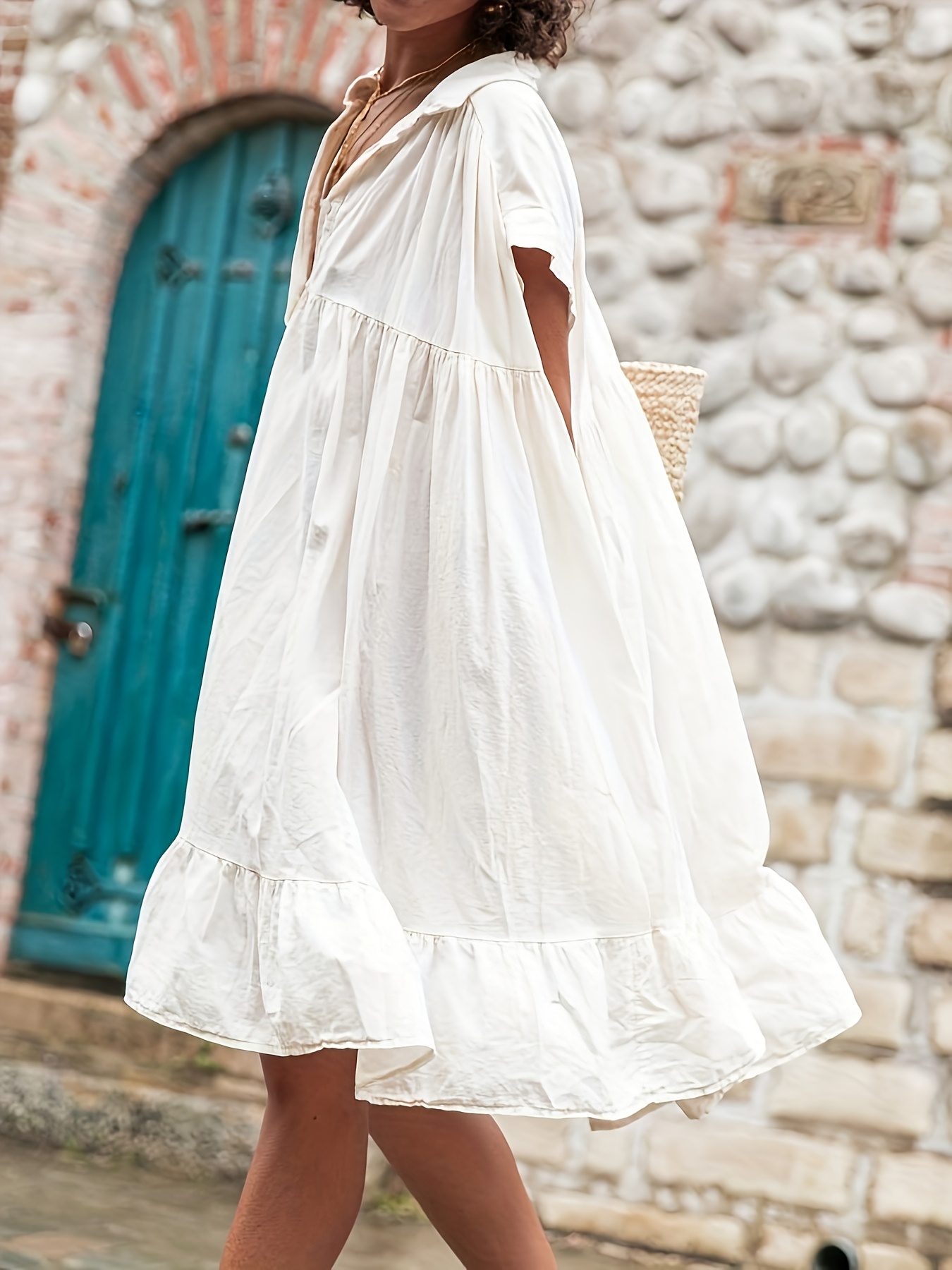 white plus size babydoll dress Maija Autumn Boho Flowy Dress,Short Sleeve Puff Contrast Embroidery Square Collar Back Knot Picnic Holiday Elegant Princess and youll look cute and effortlessly pulled together Gwen Babydoll Bubble Mini Dress