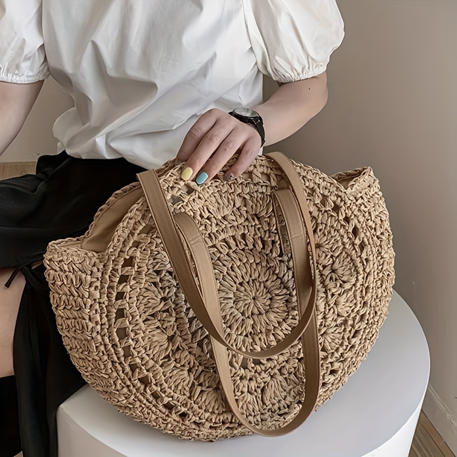 Woven Handbag Straw Handbags Canada Stylish Large Round Woven Straw Tote  Bag With Double Handles, Straw Bags For Women Large Beach Tote Bag, Brown 