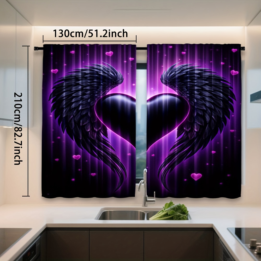 TEMU 2pcs, Purple Heart Winged Love For Art Print Curtains Rod Light Filtering For Bedroom Living Room Office, Perfect For Artistic And Festive Decor