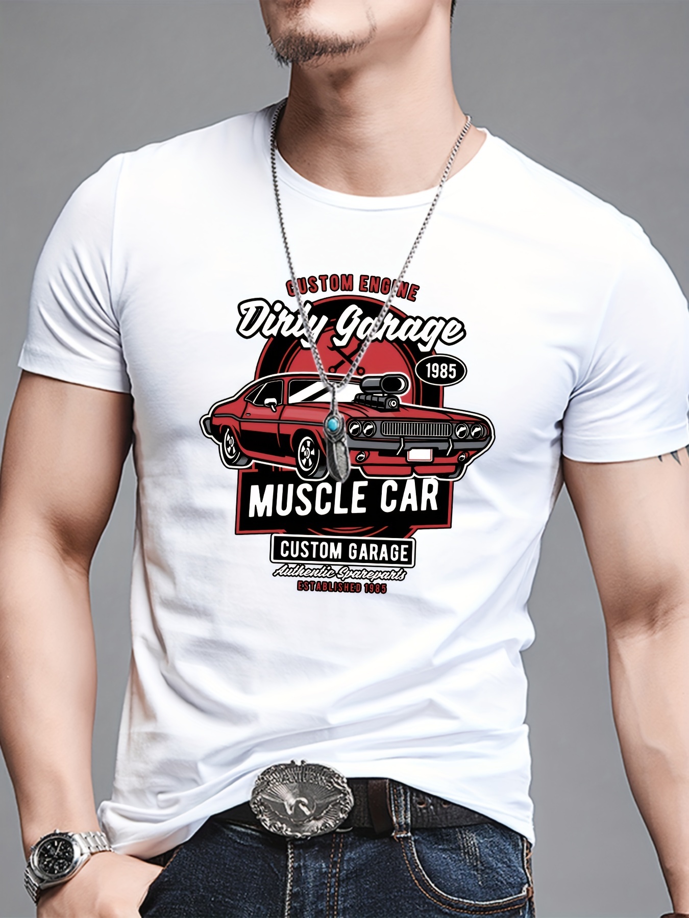 muscle car pattern print men's crew neck short sleeve t Temu