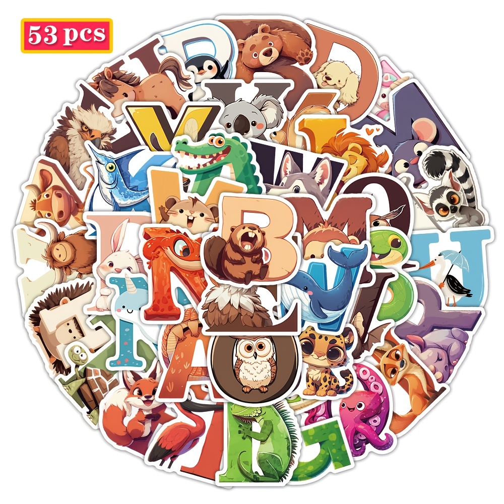 53pcs Animal Alphabet Pvc Stickers For Diy Decoration On Phones, Laptops, Water Bottles, Ipads, Skateboards, Bicycles - Cute Letter And Number Decal Pattern Set, Cycling Stickers And Decals
