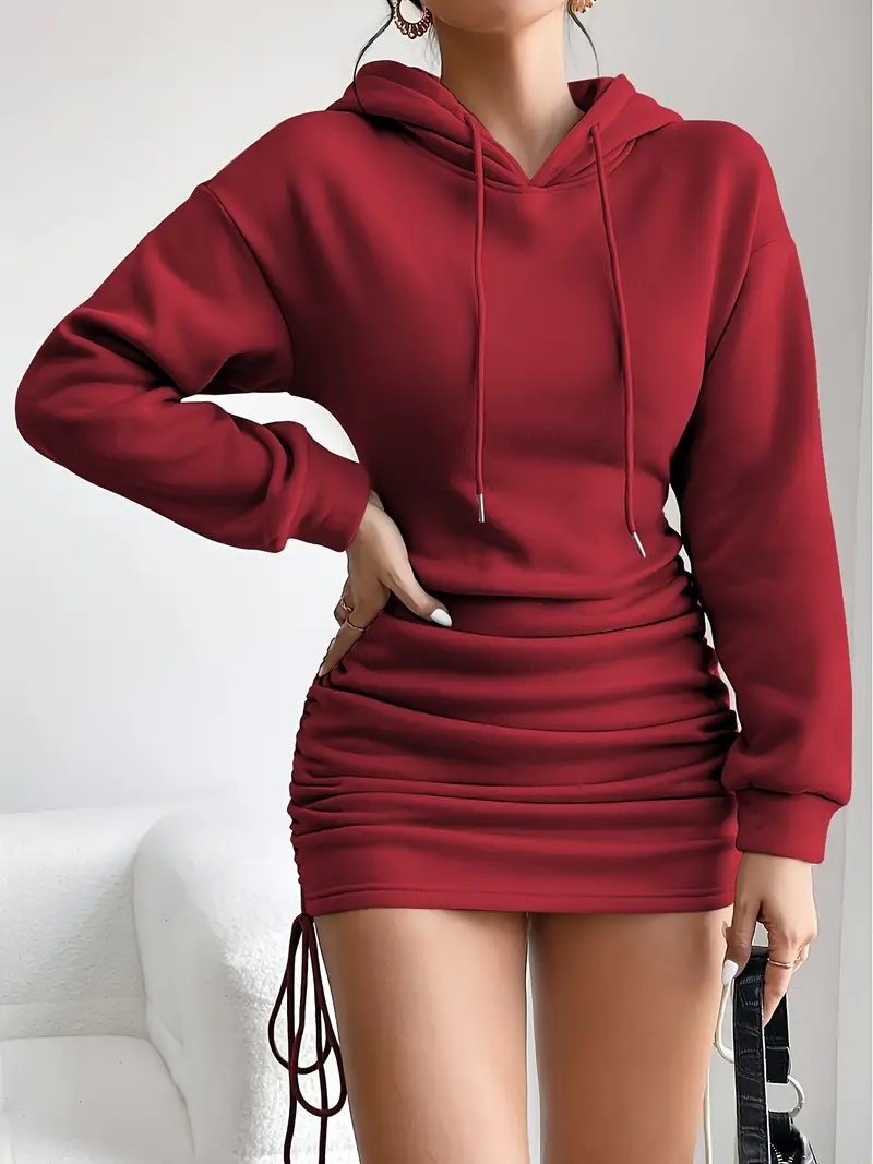 red hoodie dress women Hooded Sweatshirt Dress, Winter Maxi Dress with Cowl Hood