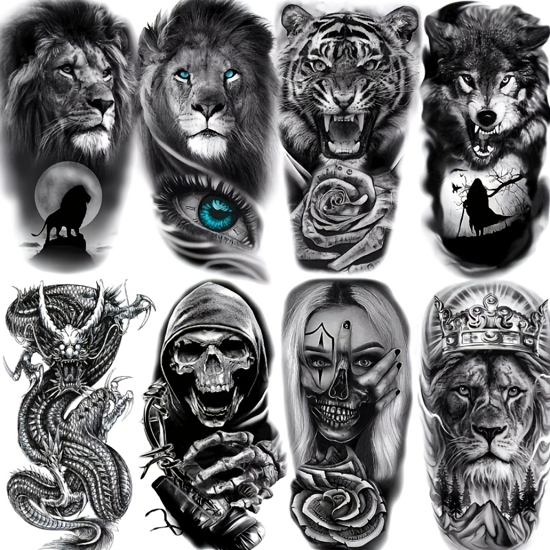 Image of 8 Temporary Tattoos Of A Tribal Black Wolf Liger Female Adult