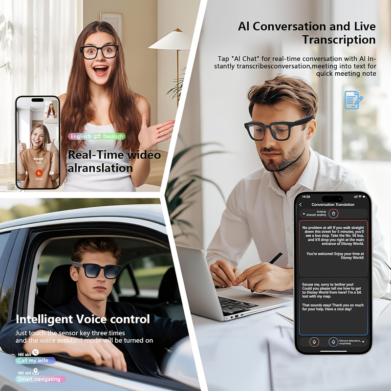 Smart AI Recognition Glasses with Built-In Camera, Clear Photo Capture, Wireless Hands-Free Music And Calls, UV Protection Shades, Comes with Interchangeable Spare Lenses