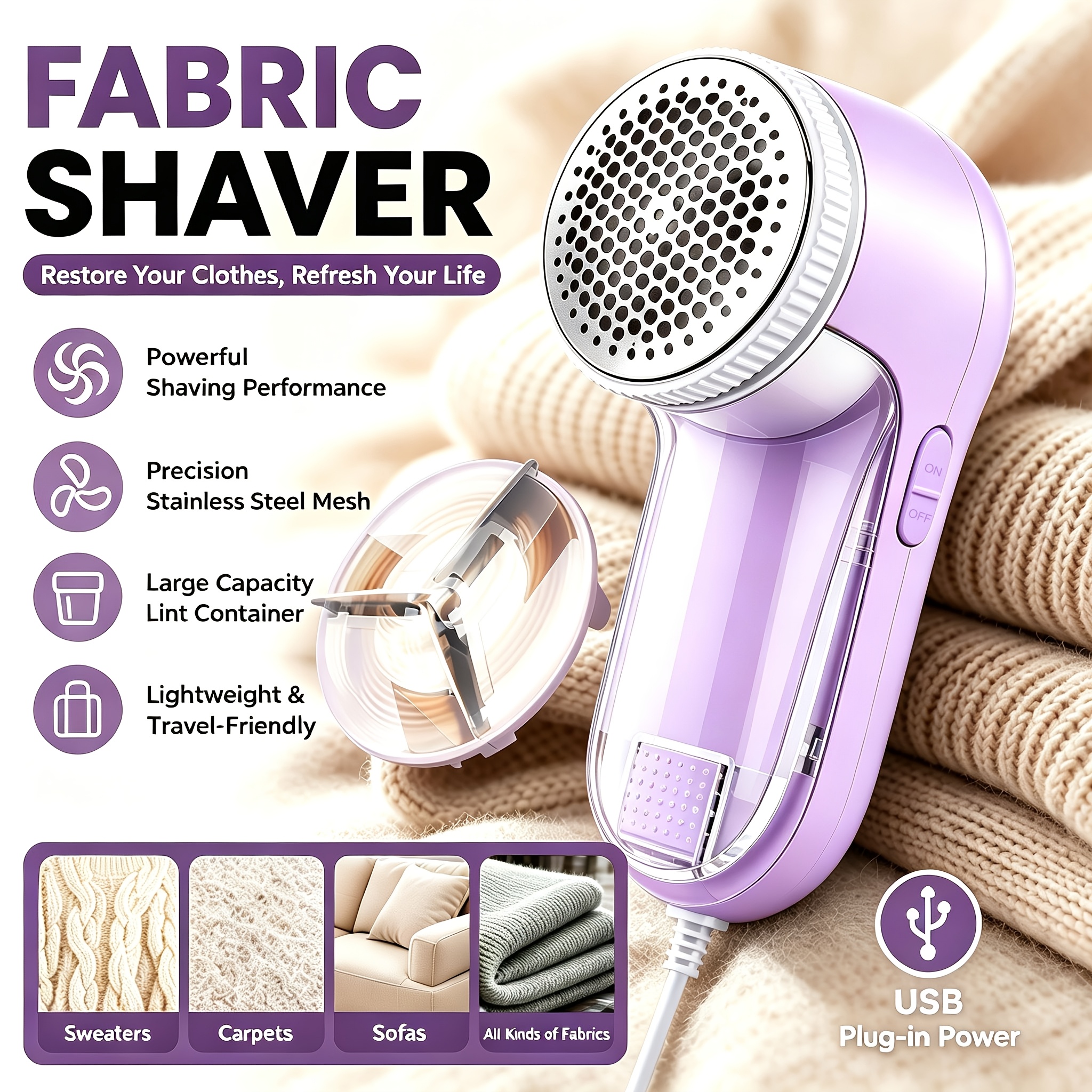 TEMU Powerful Usb-powered Fabric Shaver With Precision Mesh And Large-capacity Lint Bin, Suitable For Sweaters, Carpets, Sofas, Blankets, And Various