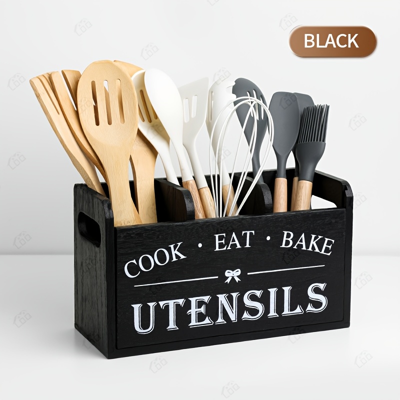 TEMU 1pc Ldq Rustic Wooden Kitchen Utensil Holder - 3-compartment Countertop & Wall-mounted Organizer For Forks, Spoons, Whisks & More - Space-saving