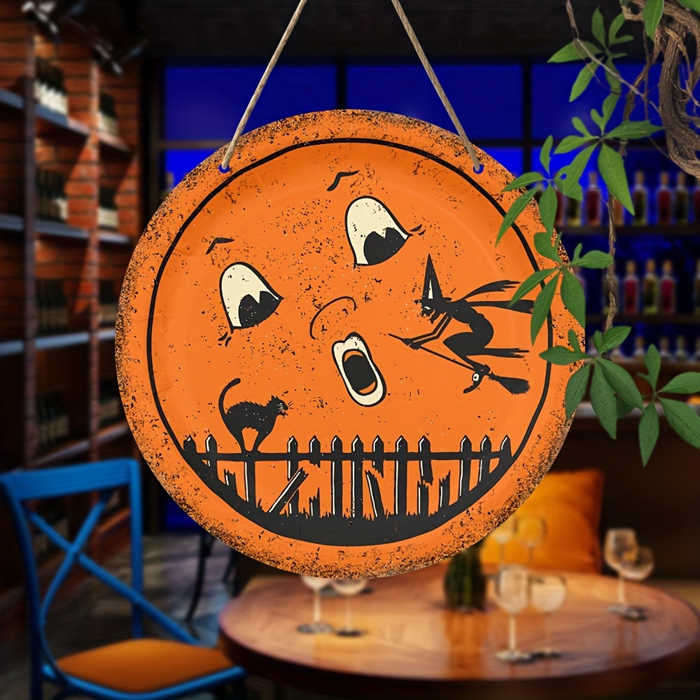 

Vintage Halloween Moon, Black Cat & Witch Wooden Sign - 8"x8" Round Door Hanger For Home, Bar, Garage, Hotel, Garden Decor