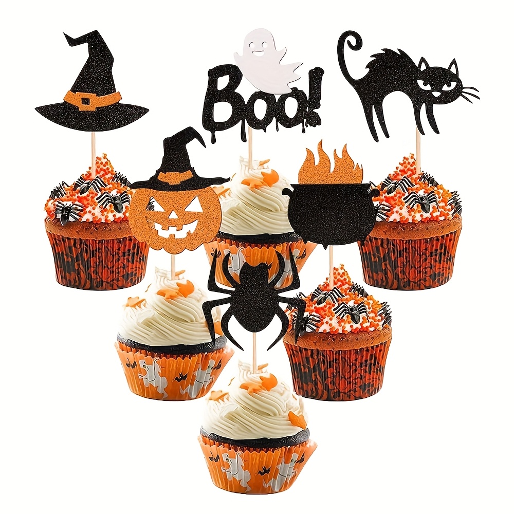 TEMU Lot de 12 à cupcakes d'Halloween à paillettes : araignée, chapeau de sorcière, chat effrayant, citrouille, pour décorations de gâteau de fête