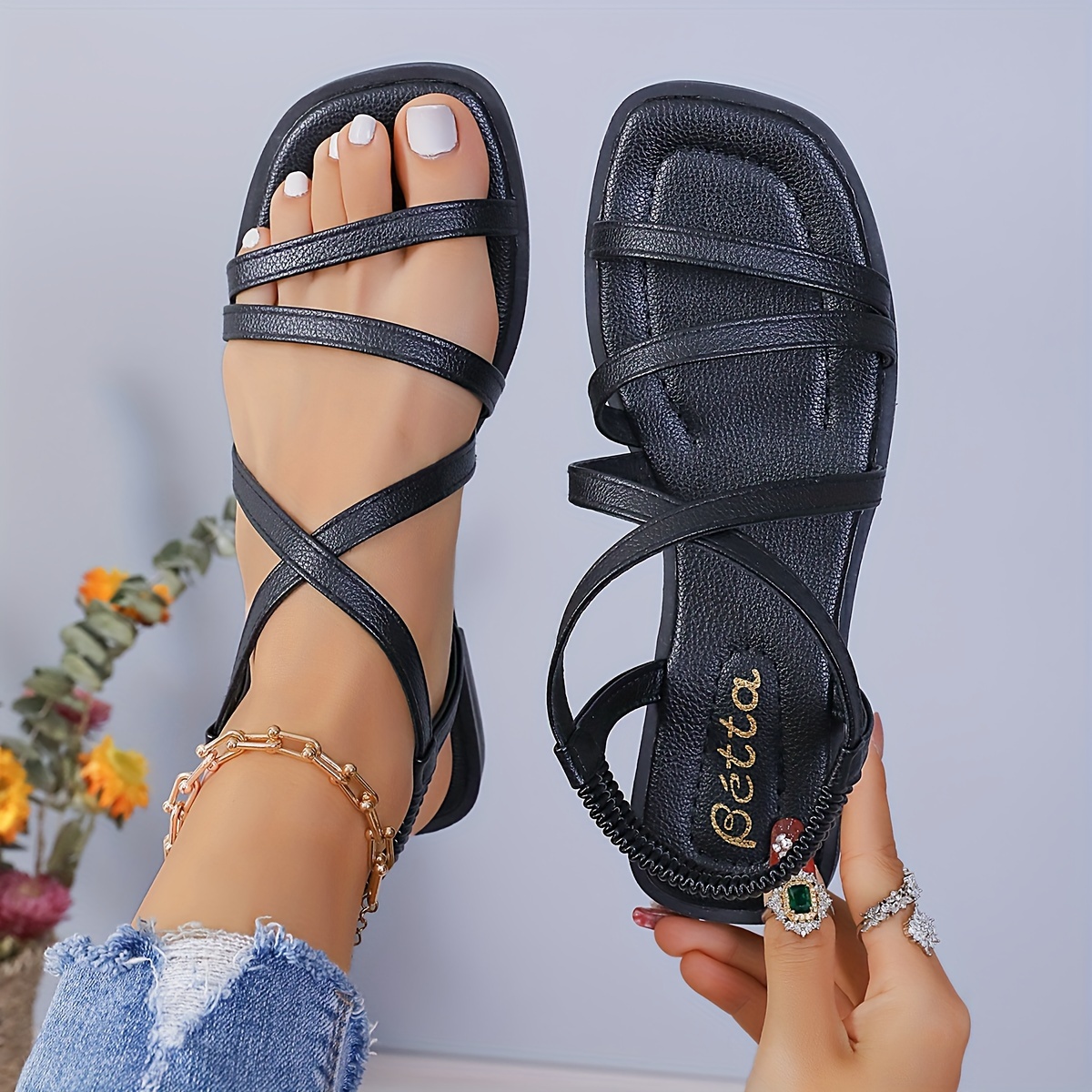 

Women's Solid Color Stylish Sandals, Elastic Ankle Strap Lightweight Flat Seaside Shoes, Slingback Crisscross Bands Beach Shoes