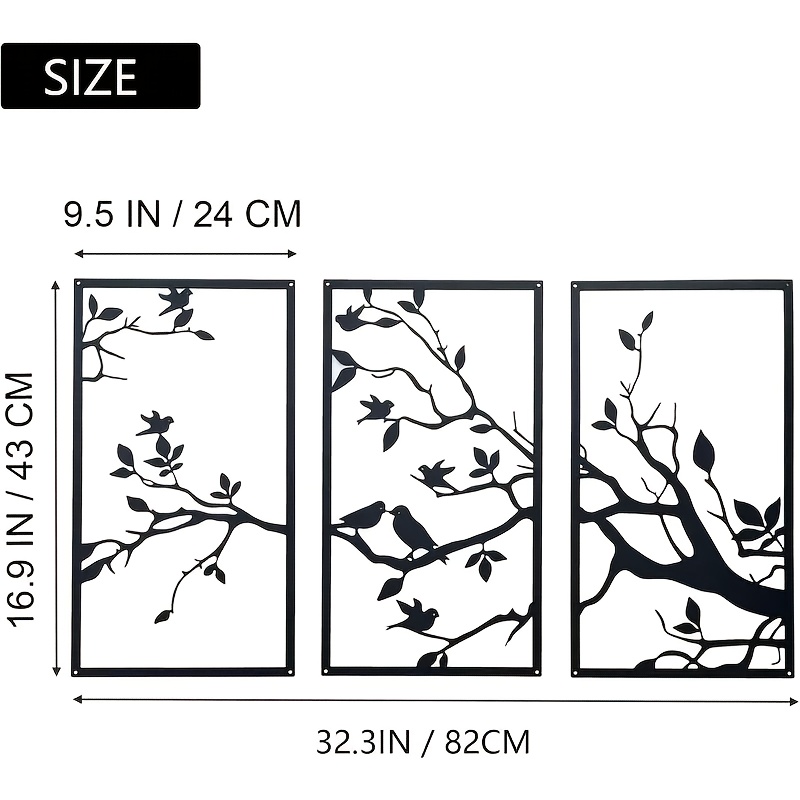 TEMU 2d Flat, 2d Flat, Set Of 3 Large 2d Metal Wall Decorations Featuring Birds On Branches, Black Tree Of Life Silhouette Sculptures With Birds,