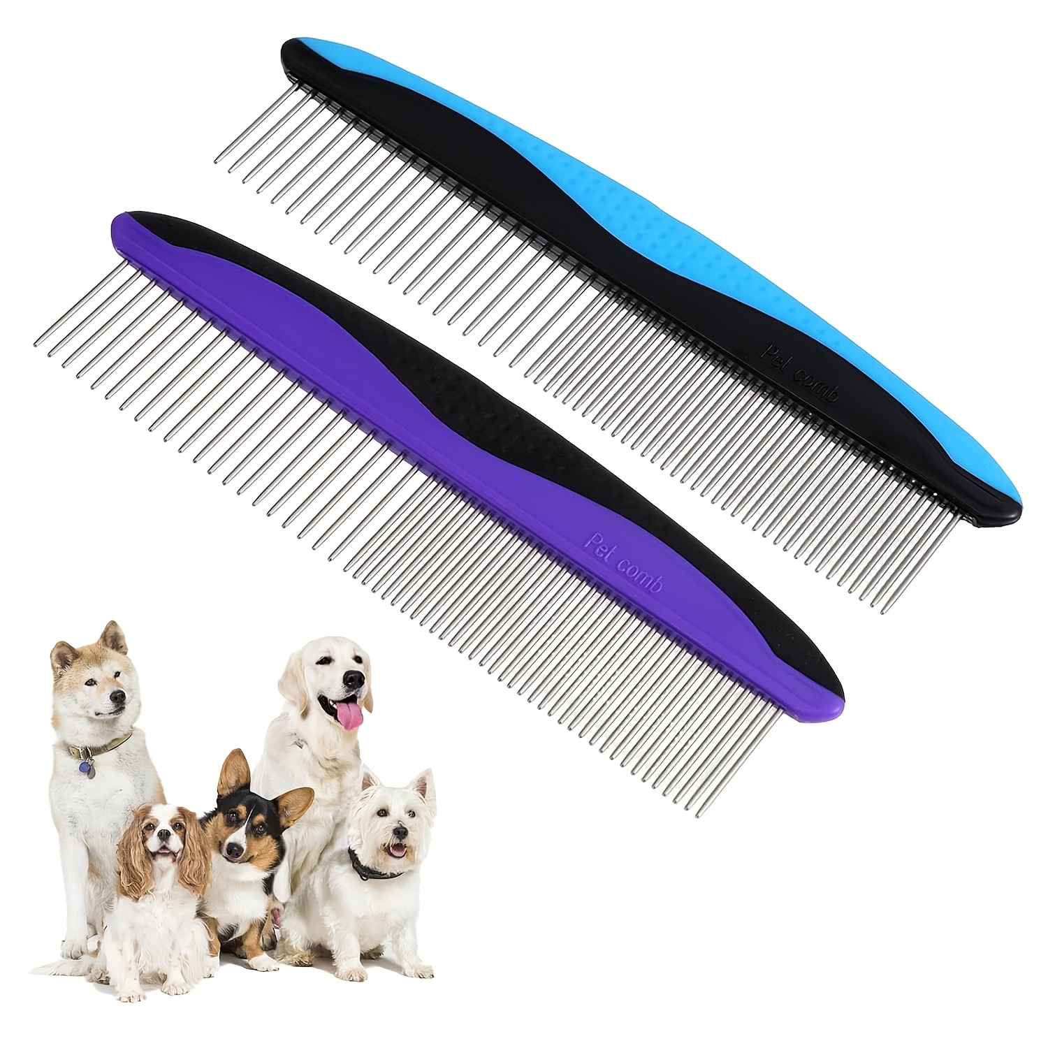TEMU 2pcs Comb, Grooming Tool Removes Knots Pet Hair | Pet Hair Combs With Stainless Steel Teeth And Non-slip Handle, Flea Matting Doodle Brush,