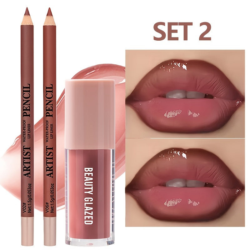 3pcs/set: Long-lasting Lip Liner And Lip Oil | Pink And Brown Shades, Moisturizing And Natural Lip Makeup For Types, Plant-based Squalane