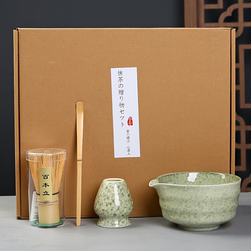 4pcs Matcha Set, Matcha Whisk Kit, Minimalist High-end Matcha-colored Glazed Set, Spouted Matcha Bowl And Whisk Stand Set, Gift Box For Tea Enthusiasts