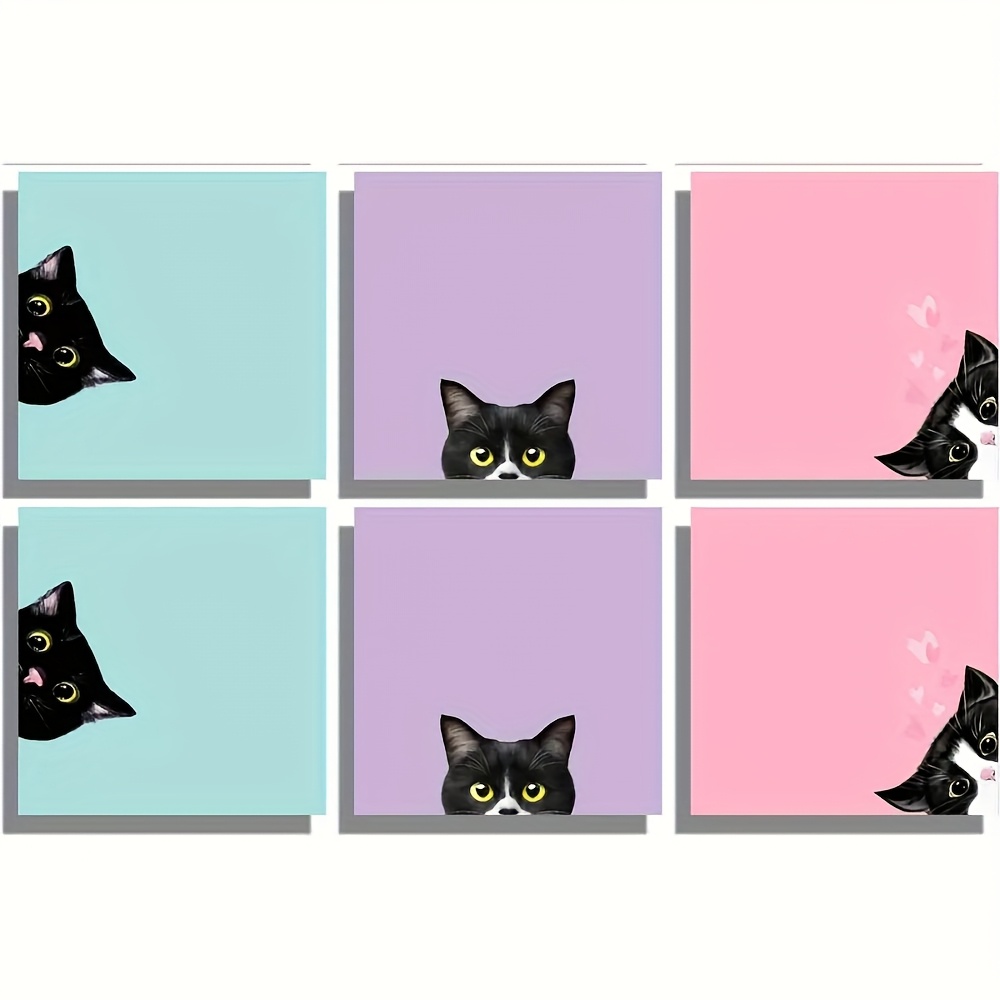 Image of Set Of 6 Black For Cat Sticky Notes, Pink Self-adhesive Notepad, Adorable Memo Super Sticky Note Cards Ideal For Gifts For Cat Enthusiasts, Educators' , And School Supplies, Measuring 7.62x7.62 Cm