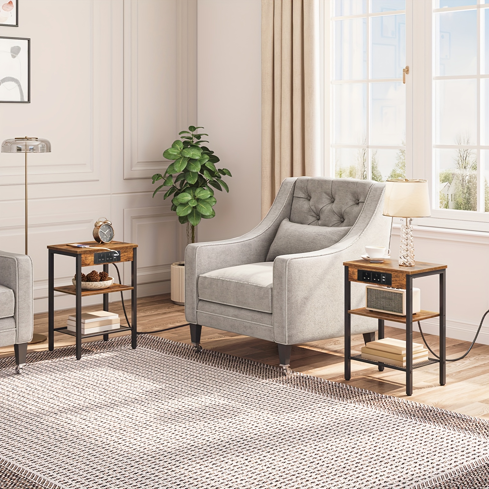 Brown Side Table with Charging Station and Adjustable Shelf