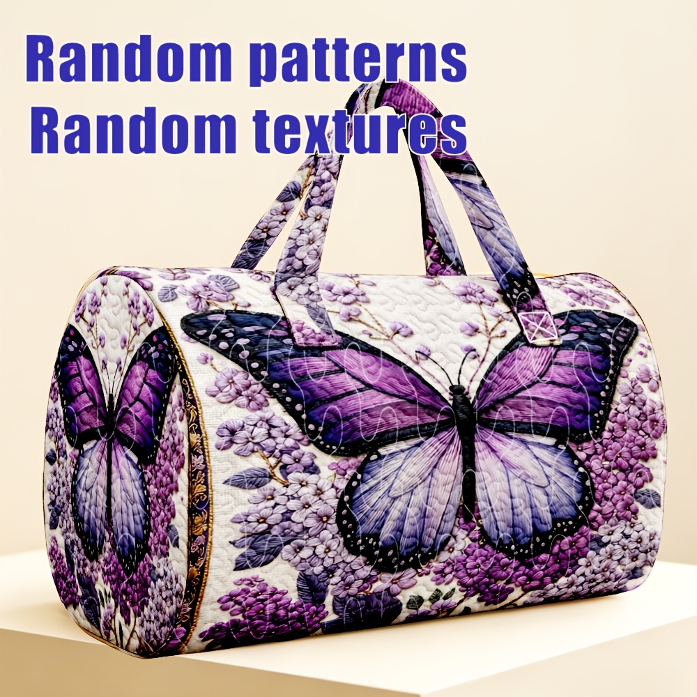 TEMU 1pc Romantic Vintage Style Quilted Cylinder Tote Bag, Purple Floral Pattern On Background, Women's Large Capacity Versatile Travel Bag, Soft